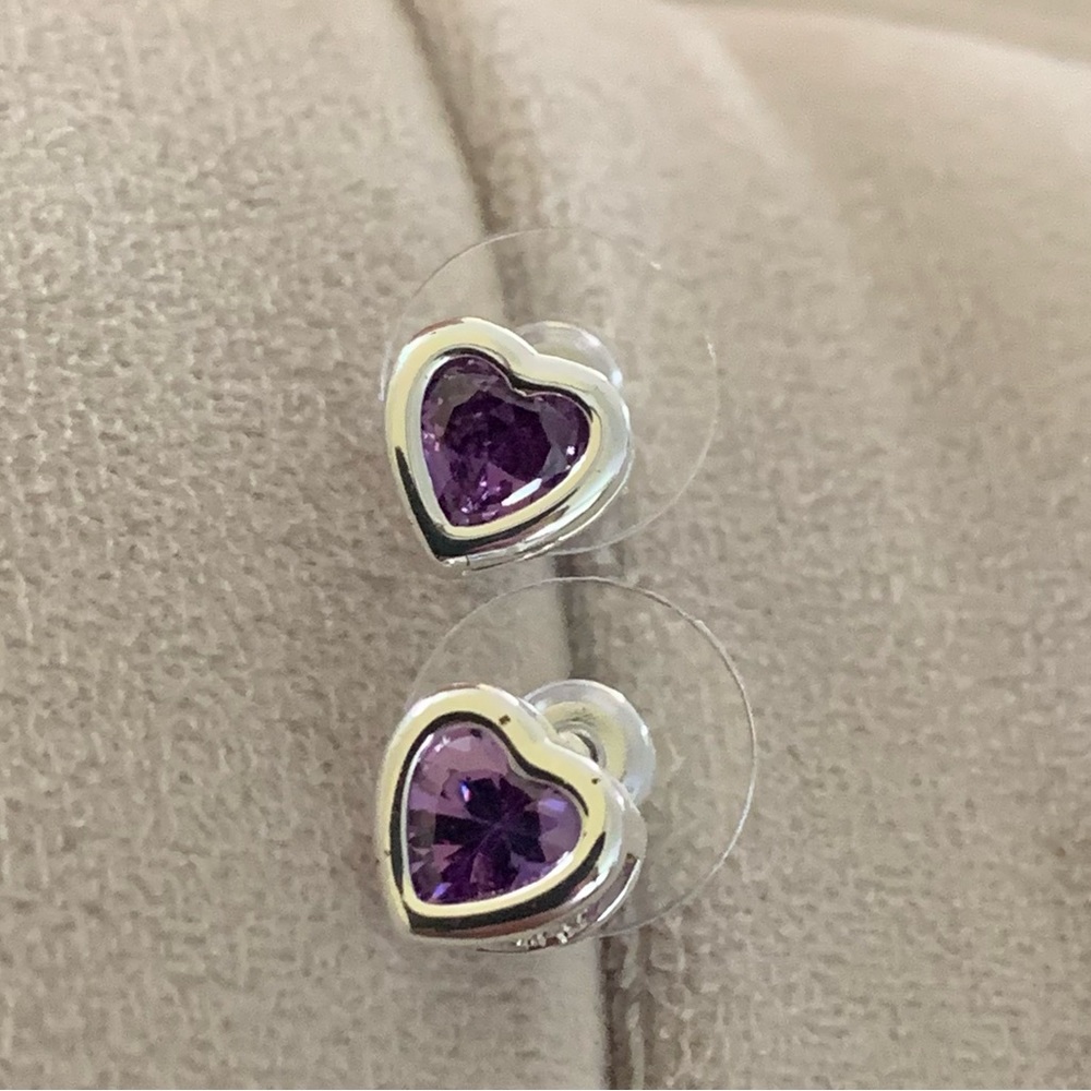 Silver Plated Swarovski Purple Crystal Heart‎ Stud Earrings
